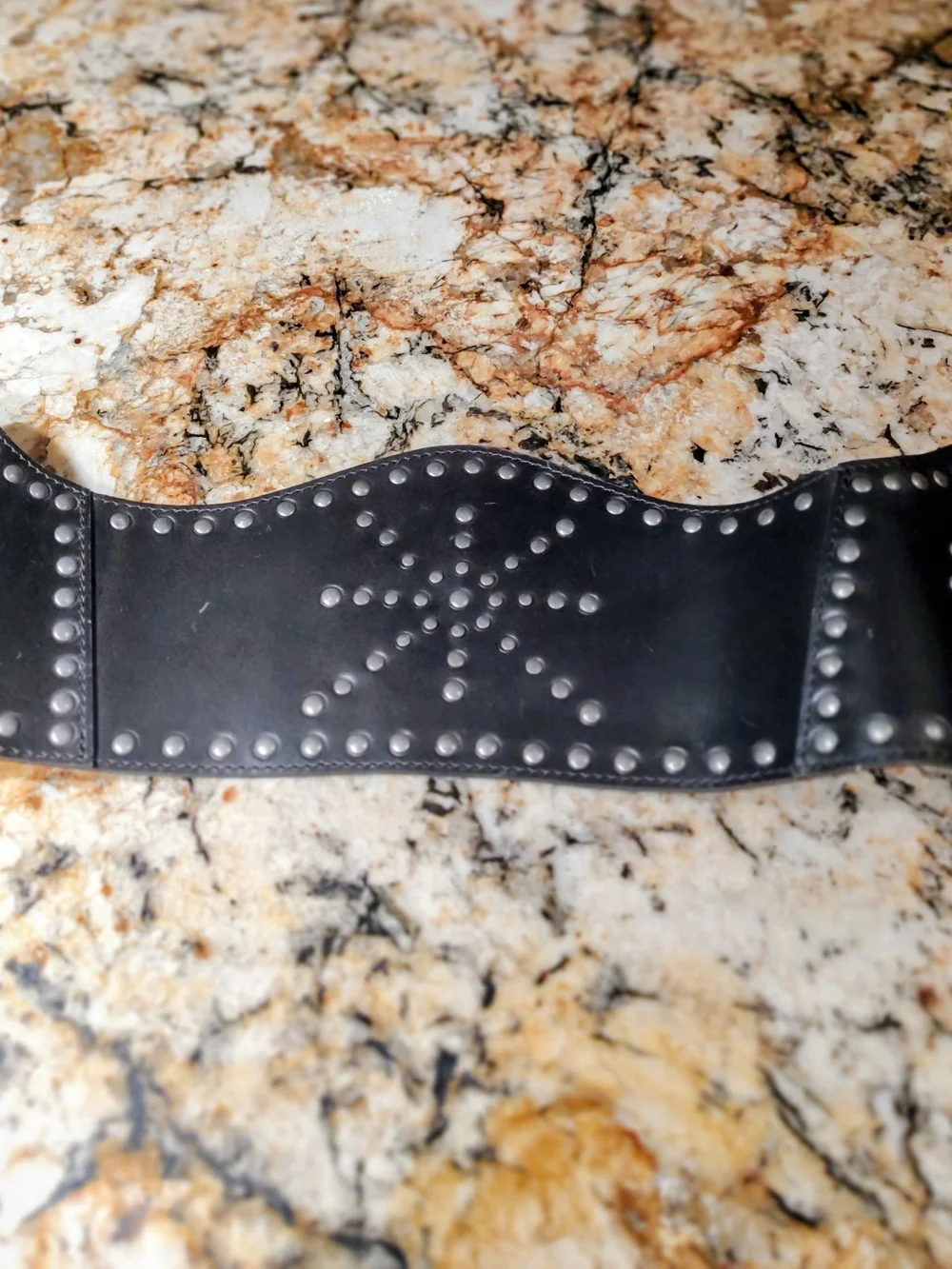 Women’s Wide Black Studded Leather Waist Belt with Triple Buckle